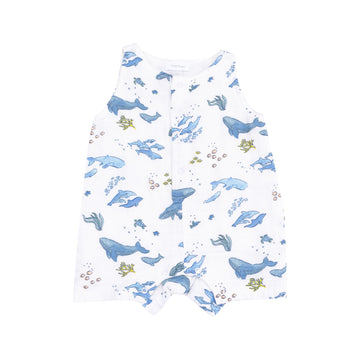 Sleevless Shortie Romper - Watercolor Blue Whales by Angel Dear