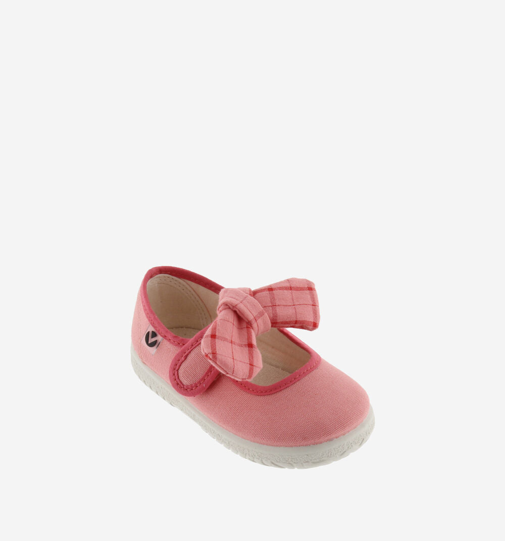 Ojala Canvas + Plaid Bow- Coral by Victoria Shoes