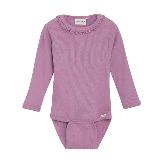Long Sleeve Ribbed Bodysuit- Mauve Orchid by Minymo