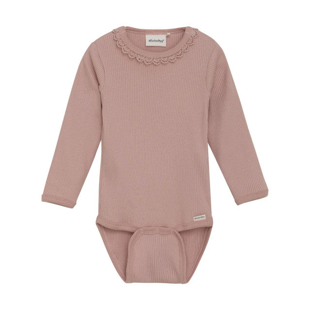 Girl Long Sleeve Ribbed Bodysuit- Misty Rose by Minymo