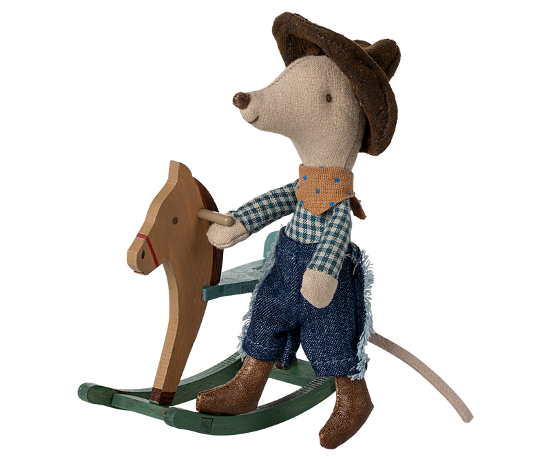 Cowboy mouse on rocking horse, Little brother by Maileg