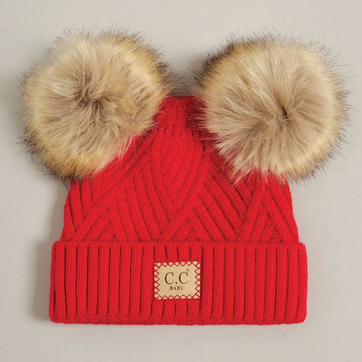 Baby Criss-Cross Beanie w/ Double Pom-Pom in Red by C.C Baby