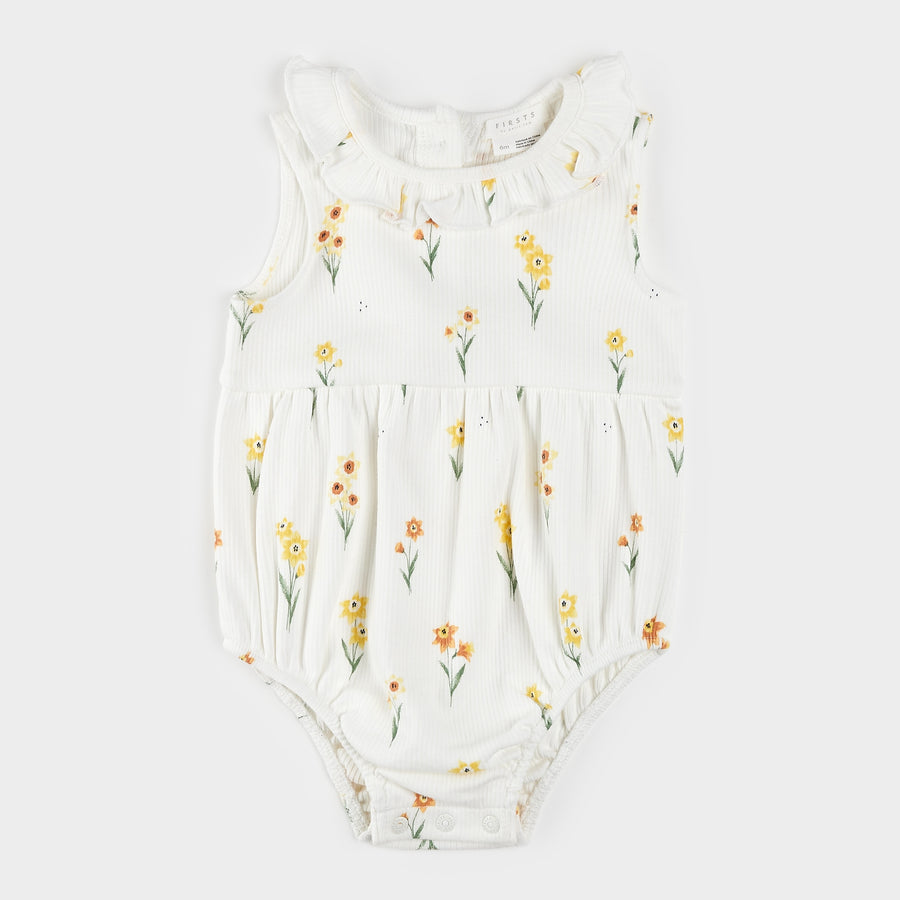 Daffodil Print on Ribbed Off-White Romper by Petit Lem