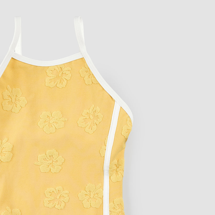 Hibiscus Print on Golden Hour Plush Swimsuit by miles the label.