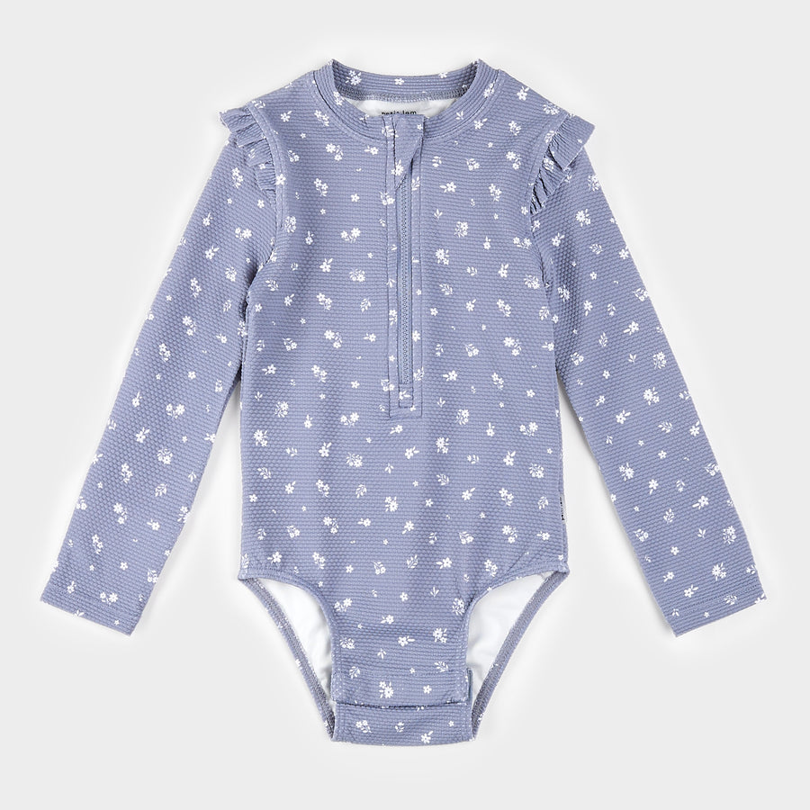 Wildflower Print on Steel Blue Long-Sleeve One-Piece Swimsuit by Petit Lem