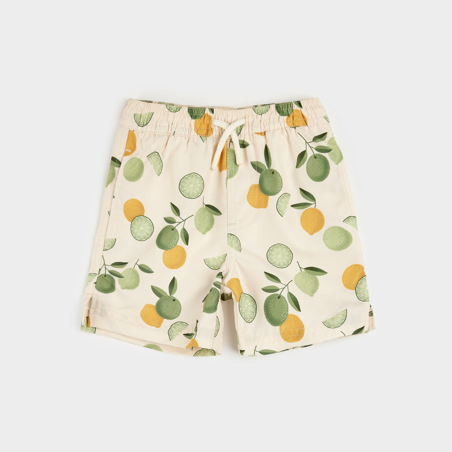 Citrus Print on Antique White Swim Trunks by Petit Lem