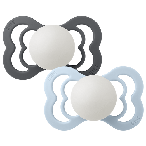 Supreme GLOW Pacifiers 2 Pk- Iron/Baby Blue by Bibs