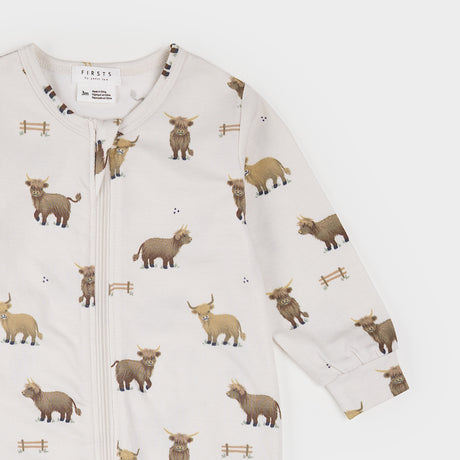 Highland Cow Print on Crème LunaKnit Sleeper by Petit Lem