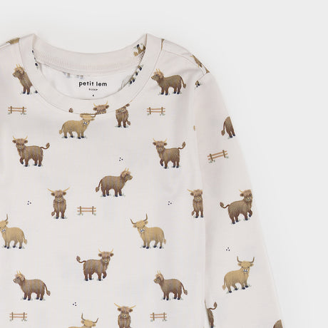 Highland Cow Print on Crème LunaKnit PJ Set by Petit Lem