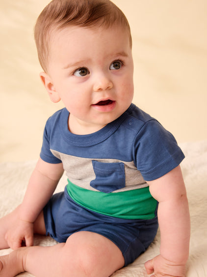 Colorblock Baby Romper- Naval Blue by Tea Collection