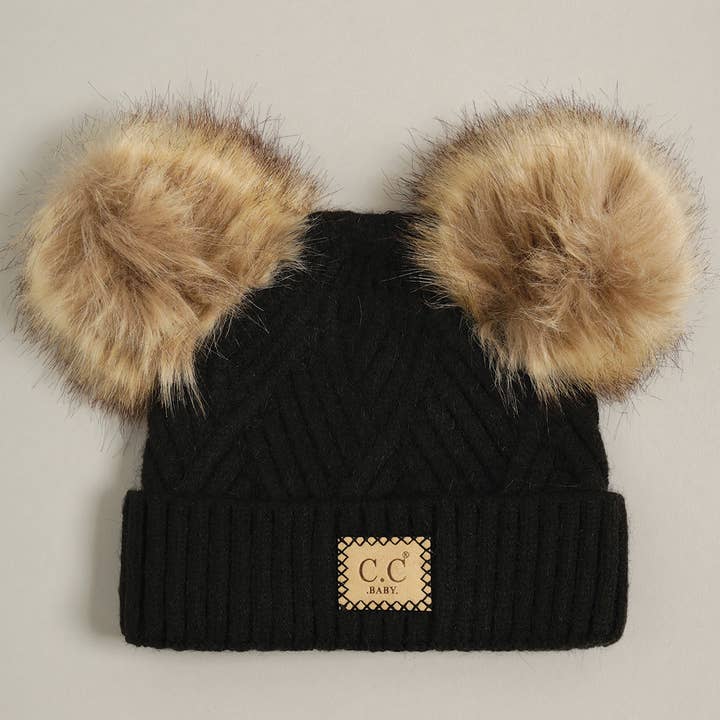 Baby Criss-Cross Beanie w/ Double Pom-Pom in Black by C.C Baby