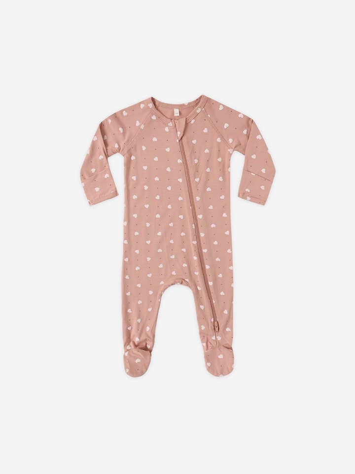 Bamboo Zip Footie || Pink Hearts by Quincy Mae