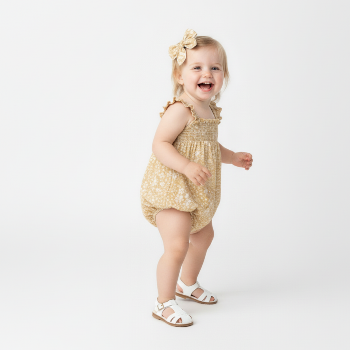 Organic Ruffle Sleeve Bubble Romper- Yellow Blossom by Makemake