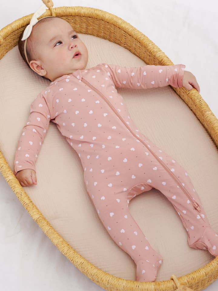 Bamboo Zip Footie || Pink Hearts by Quincy Mae