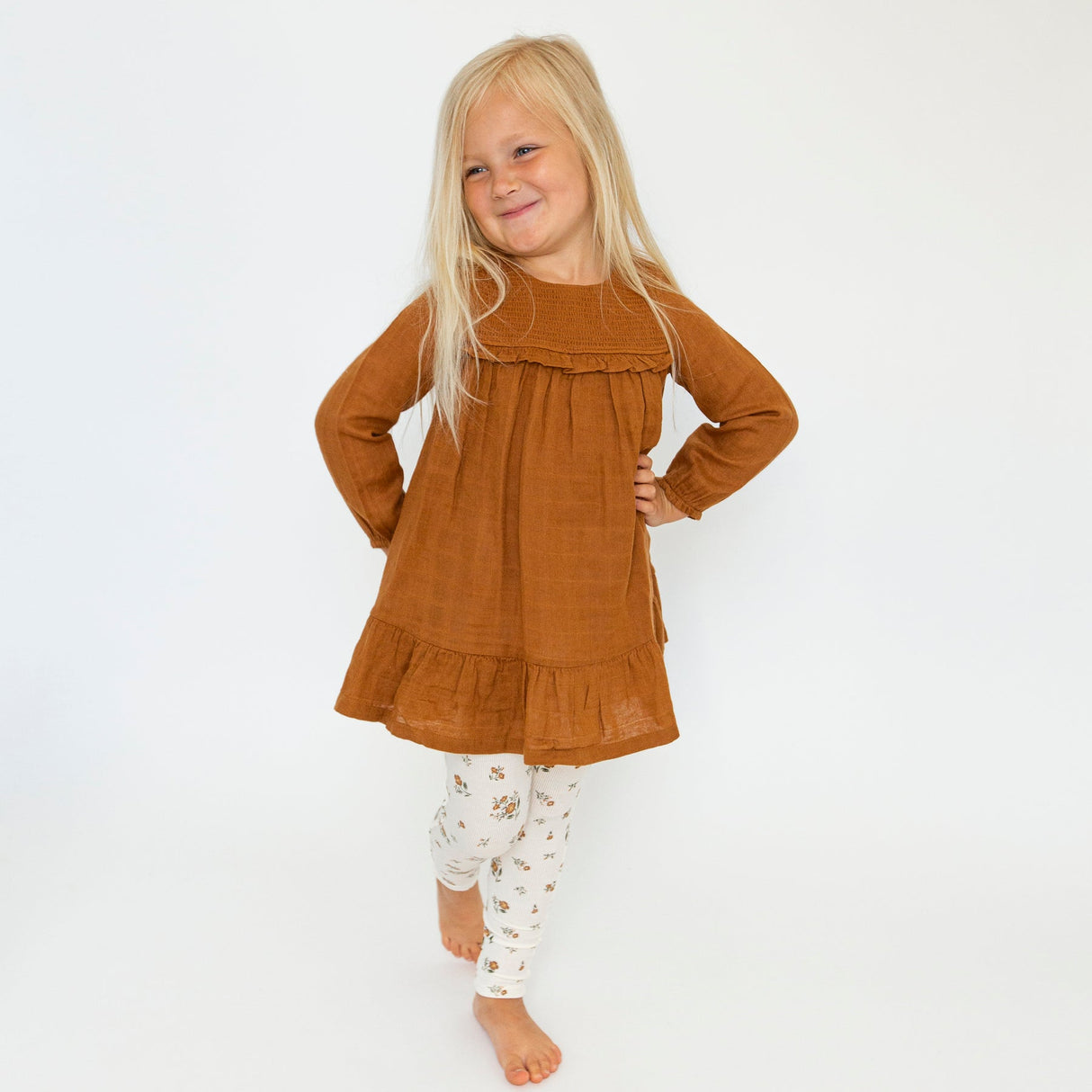 Smocked Ruffle Dress and Rib Legging - Cashew Solid by Angel Dear