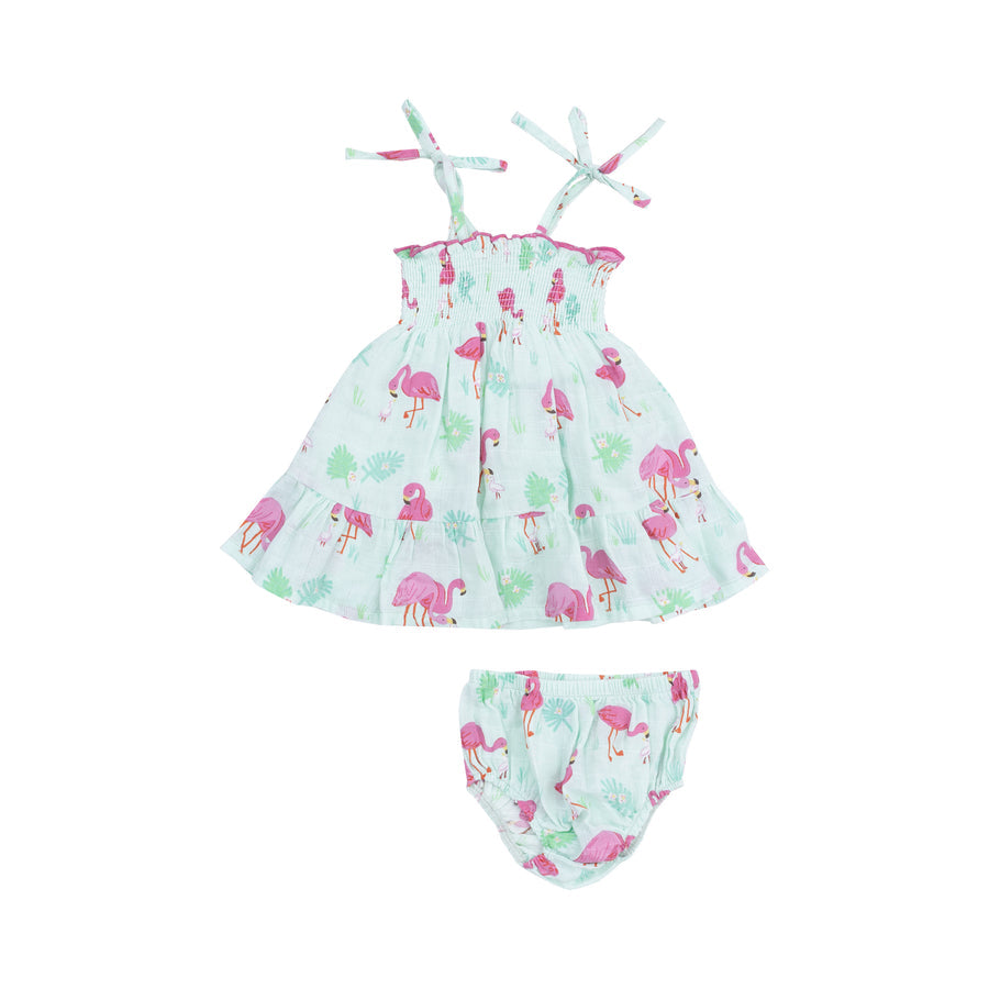 Tie Strap Smocked Sun Dress and Diaper Cover - Flamingos by Angel Dear