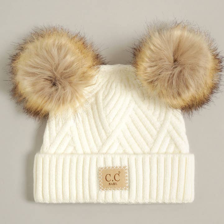 Baby Criss-Cross Beanie w/ Double Pom-Pom in White by C.C Baby
