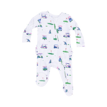 Vintage Golf Carts Pink 2 Way Zipper Ruffle Back Footie by Angel Dear