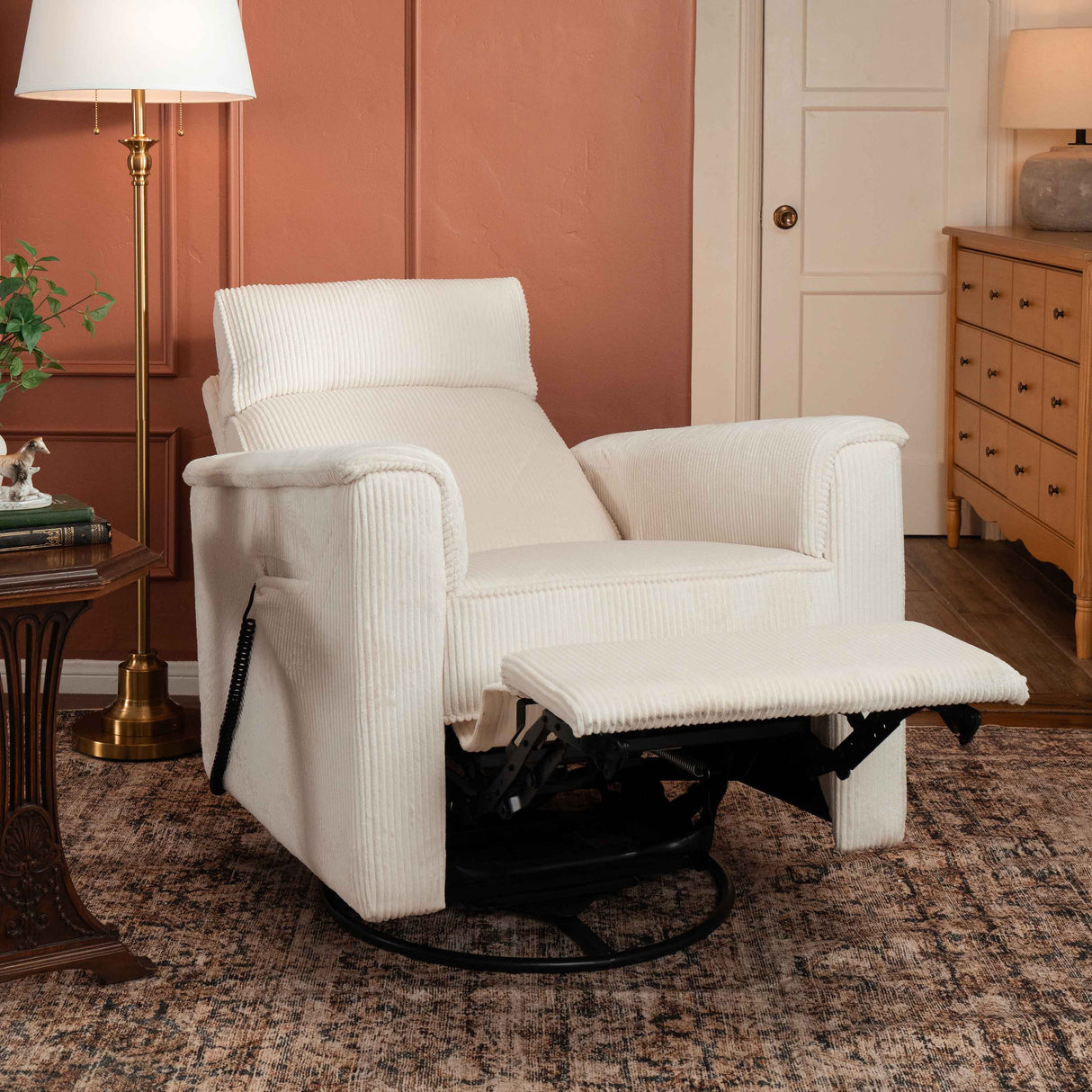 Monogram by Namesake Willa Deluxe Power Recliner and Swivel Glider with Heat + Massage | Ivory Corduroy | EXCLUSIVE!