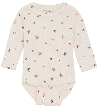 Ribbed Bodysuit in White Swan w/ Ladybugs by Minymo