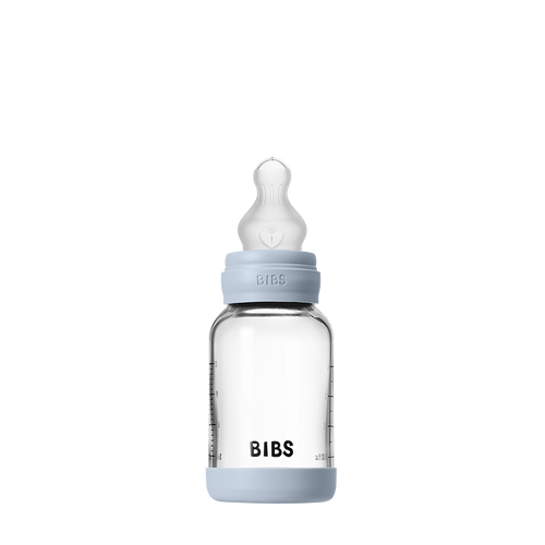 Baby Glass Bottle Set 4oz Silicone- Baby Blue (Slow Flow) by Bibs