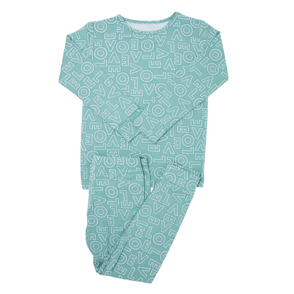 Big Kid Pajama - All You Need Is Love Green by Sweet Bamboo