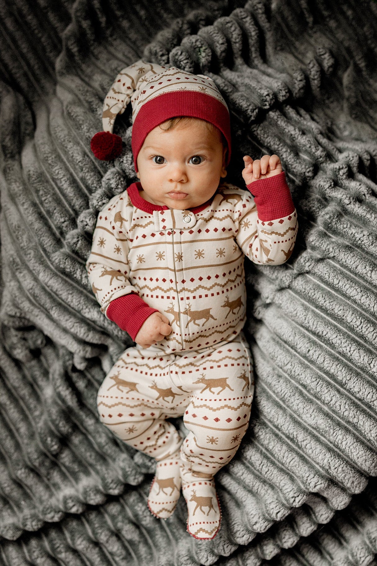 Holiday 2-Way Zipper Footie & Cap Set in Fair Isle Rudolph by L'ovedbaby