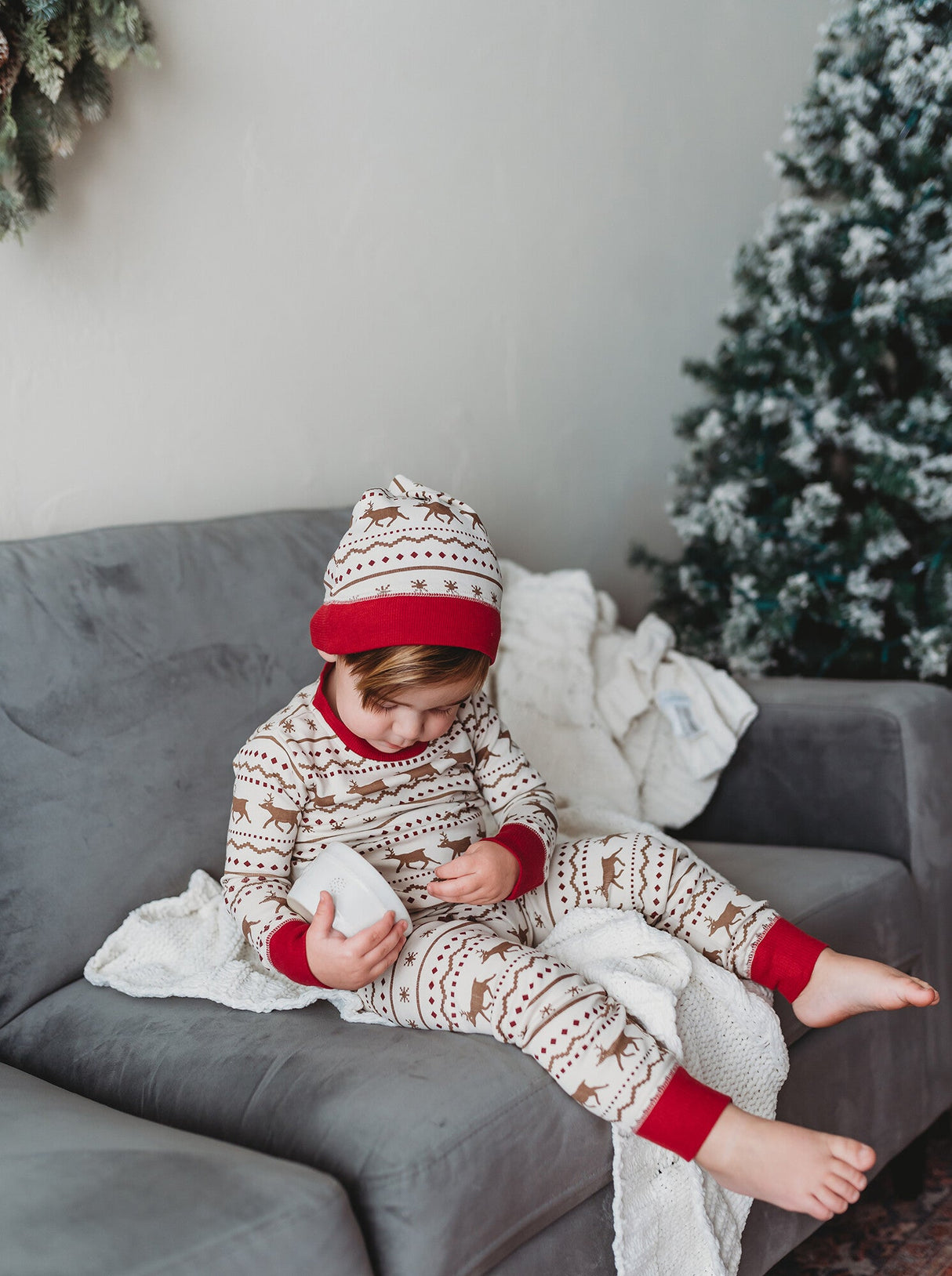 Kids' Organic Holiday PJ & Cap Set in Fair Isle Rudolph by L'ovedbaby