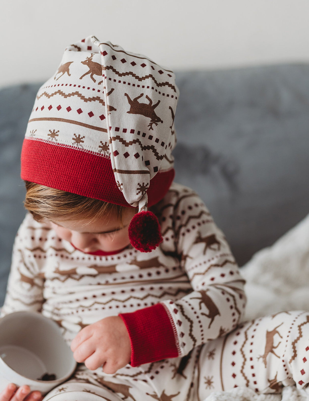 Kids' Organic Holiday PJ & Cap Set in Fair Isle Rudolph by L'ovedbaby
