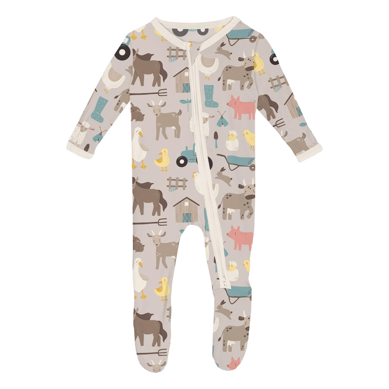 Print Footie with 2 Way Zipper in Latte Morning on the Farm by KicKee Pants