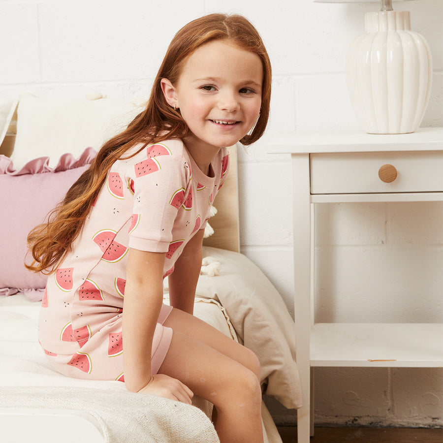 Watermelon Print on Peony Blush Summer Sleep Set by Petit Lem
