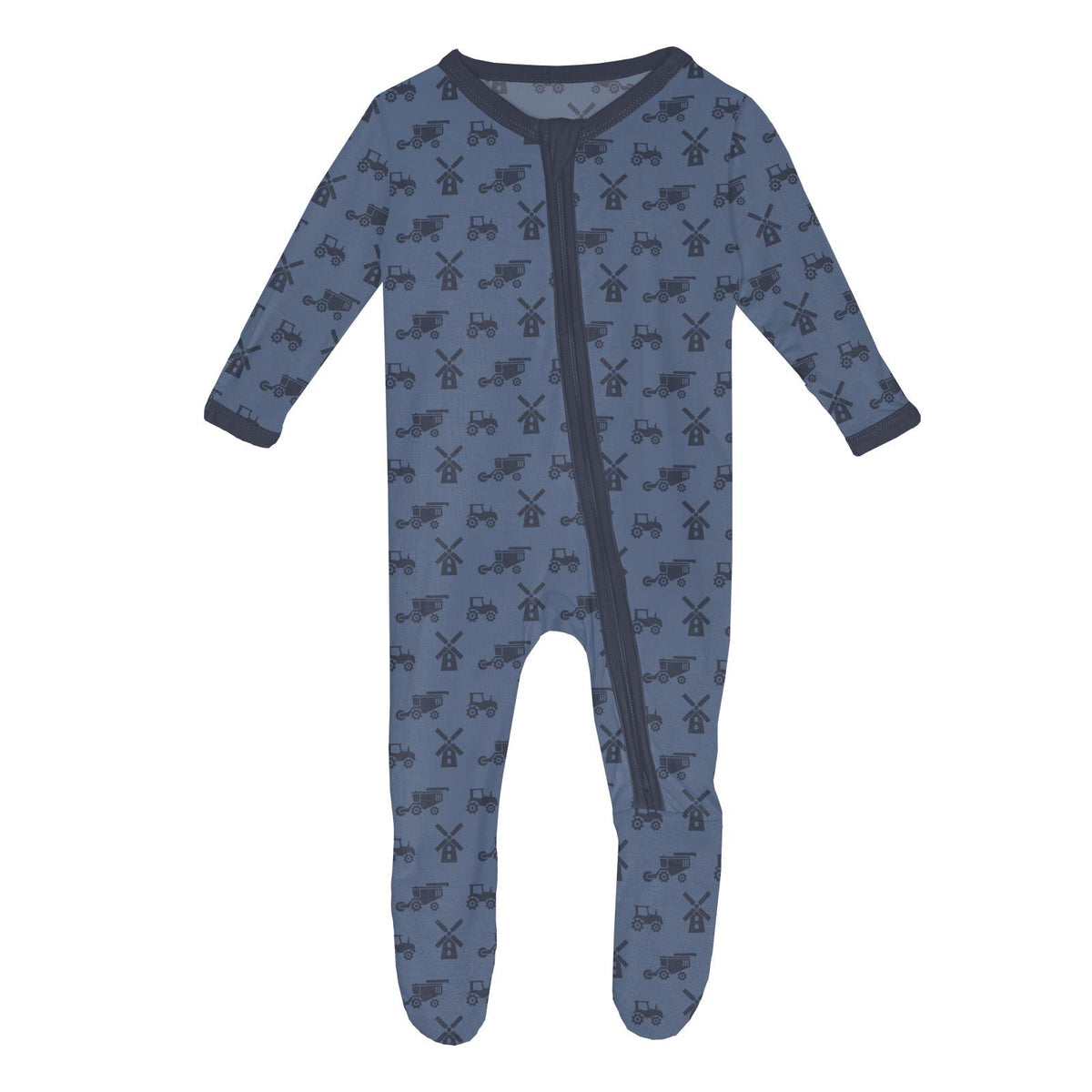 Print Footie w/ 2 Way Zipper- Denim Tractors & Windmills by Kickee Pants