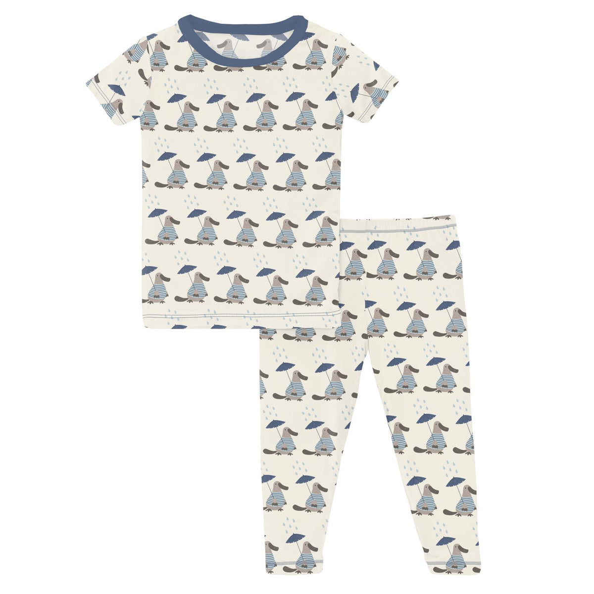 Print Short Sleeve Pajama Set- Natural Rainy Day Platypus by Kickee Pants