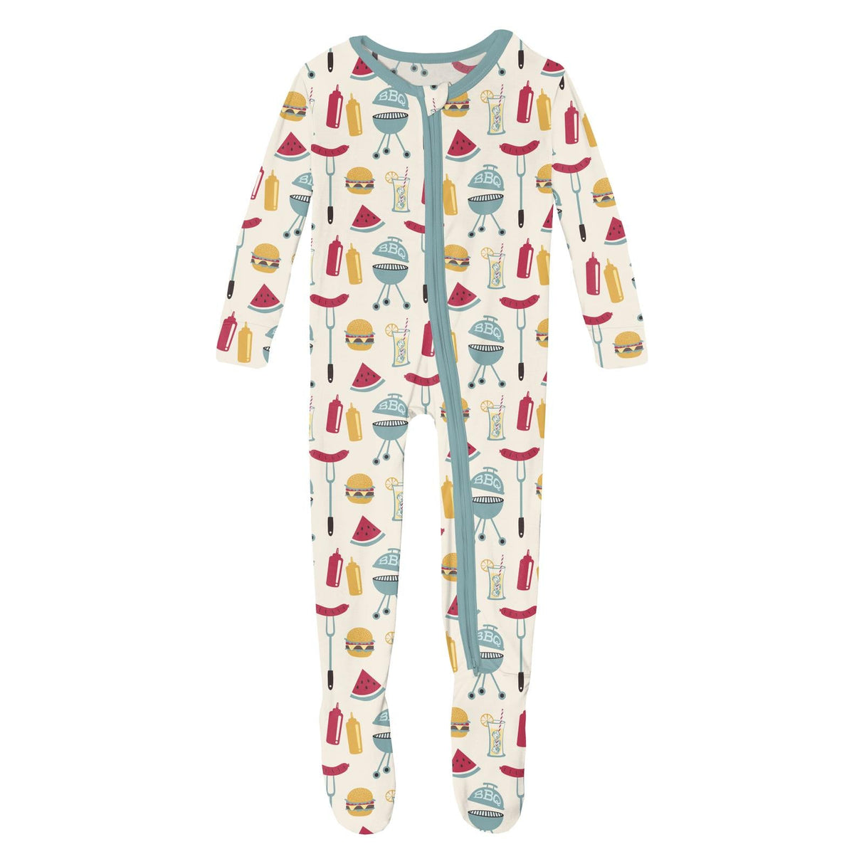 Print Footie w/ 2 Way Zipper in Natural BBQ by Kickee