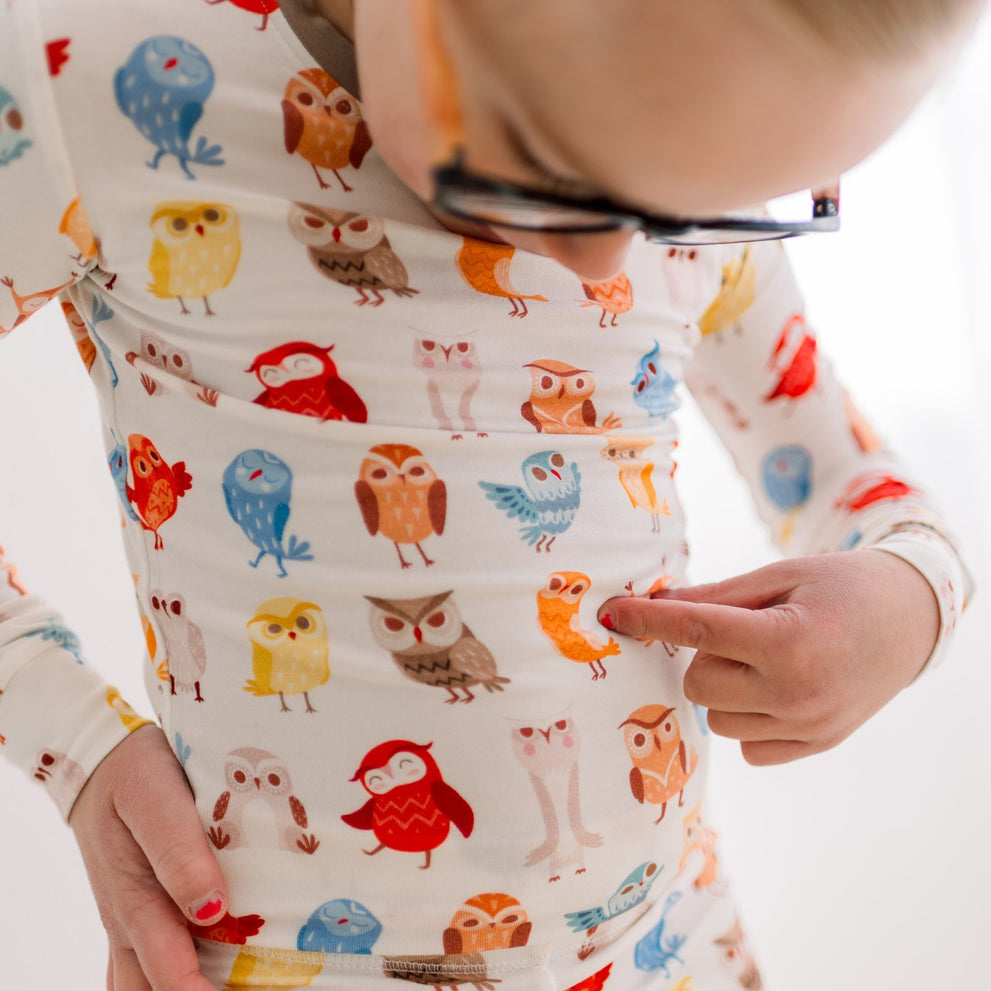 Print L/S Pajama Set- Natural Owls by Kickee Pants