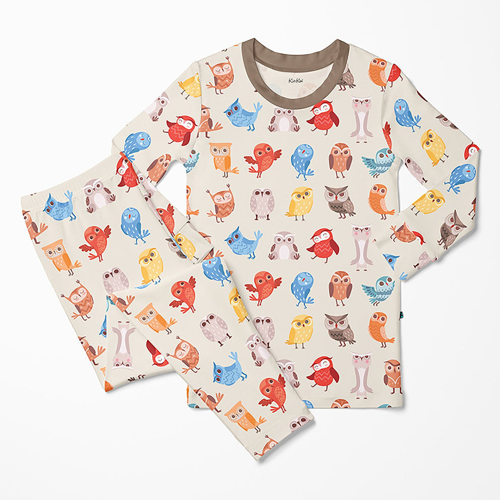 Print L/S Pajama Set- Natural Owls by Kickee Pants