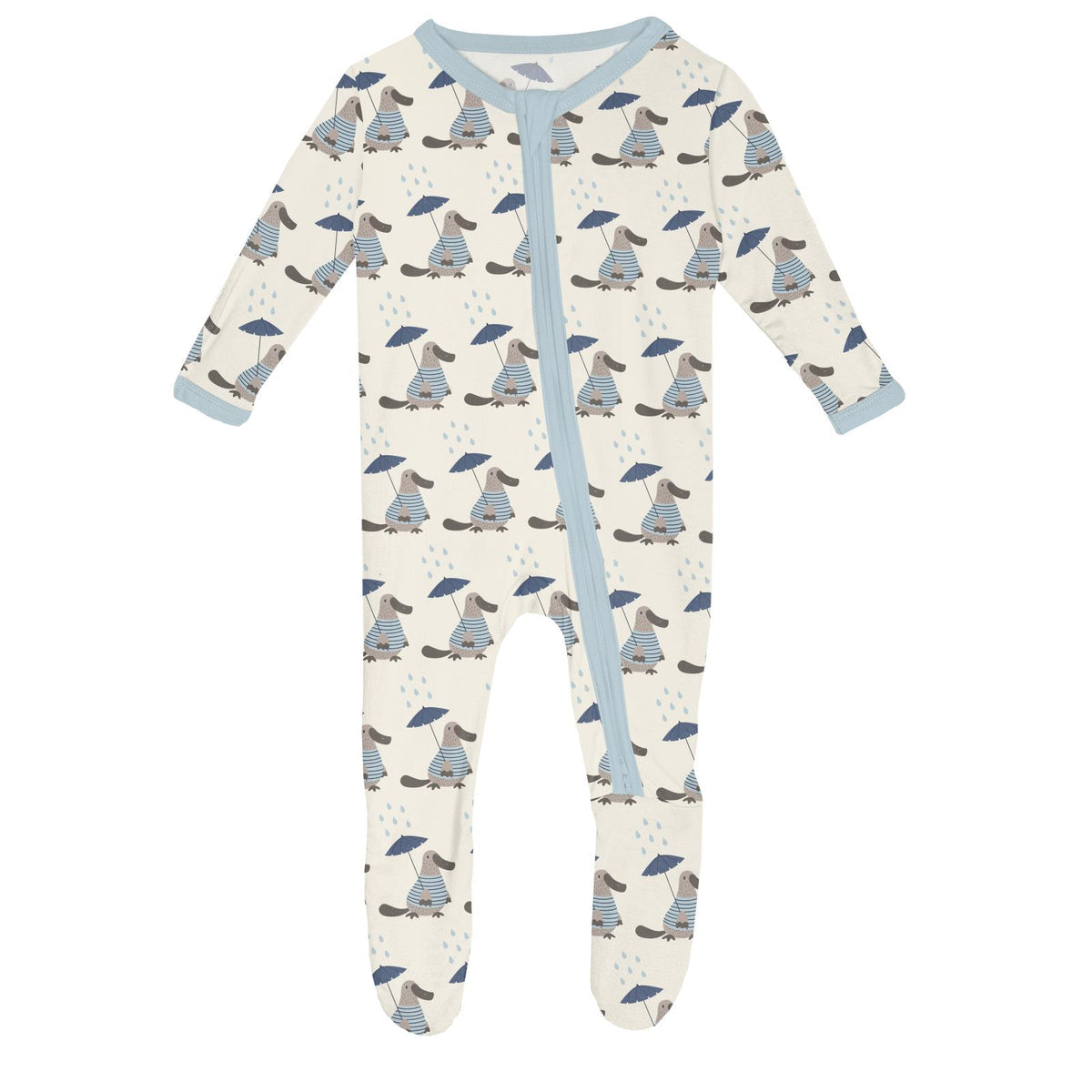 Print Footie w/ 2 Way Zipper- Natural Rainy Day Platypus by Kickee Pants