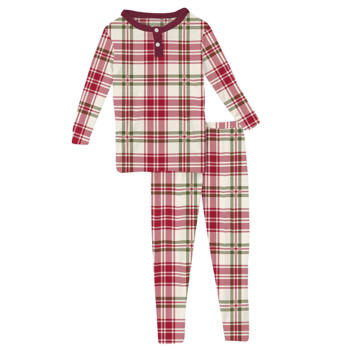 Print Long Sleeve Henley Pajama Set- Fireside Plaid by Kickee Pants