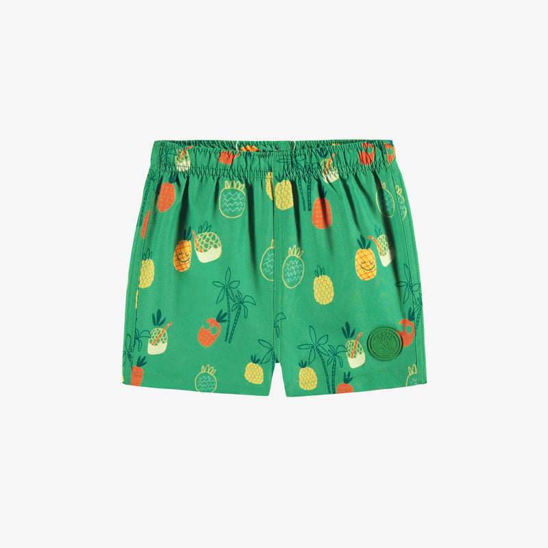 Green swim shorts with fruit all over print by Souris Mini