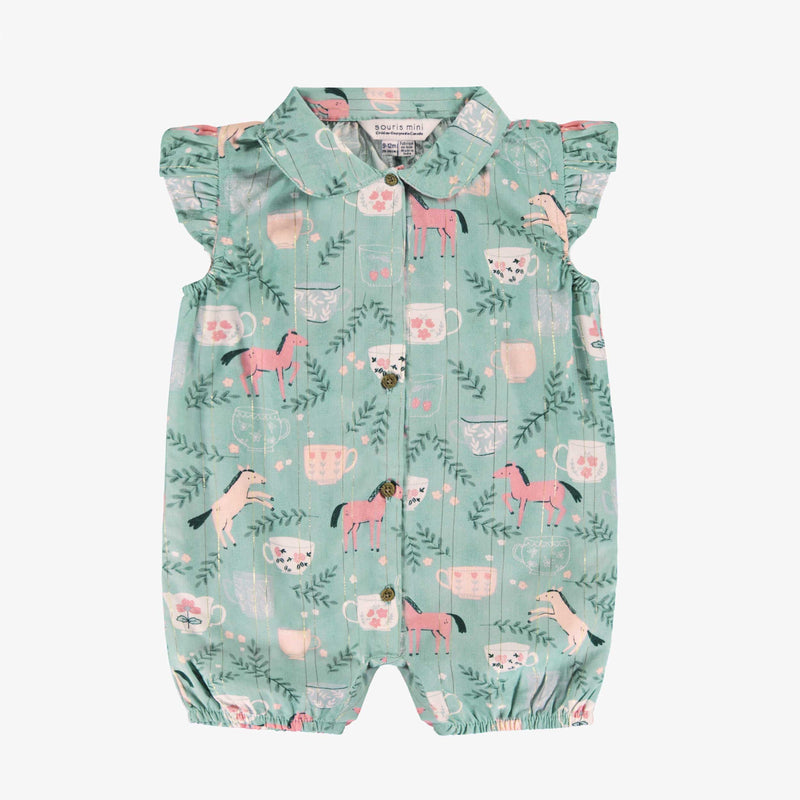 Turquoise romper in shimmering poplin with horse all over print by Souris Mini