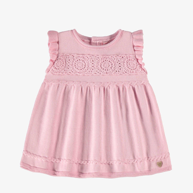 Pale pink knitted dress with openwork flower detail by Souris Mini