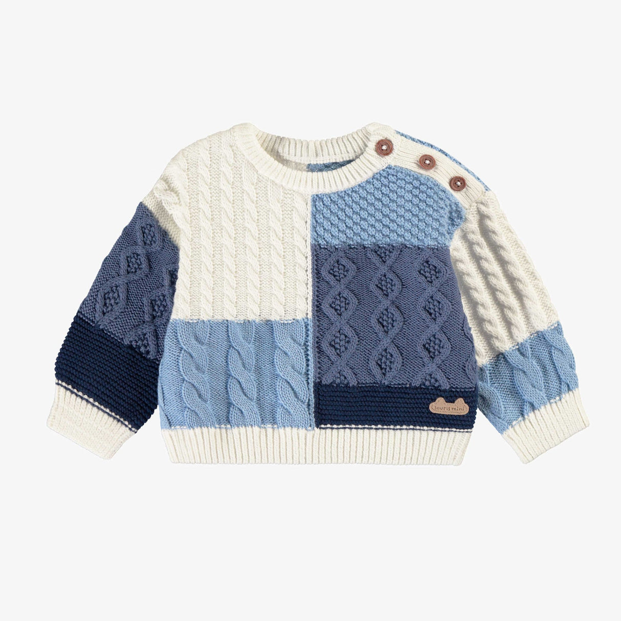 Cream and blue patchwork effect knitted sweater by Sourismini