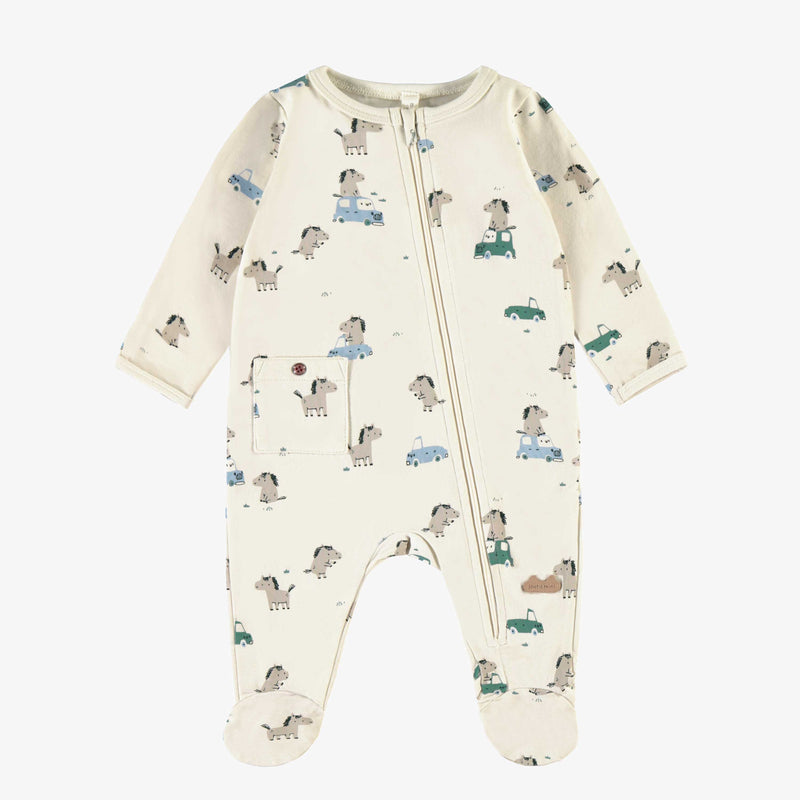 Cream one piece pajamas in stretch jersey with horse print by Souris Mini