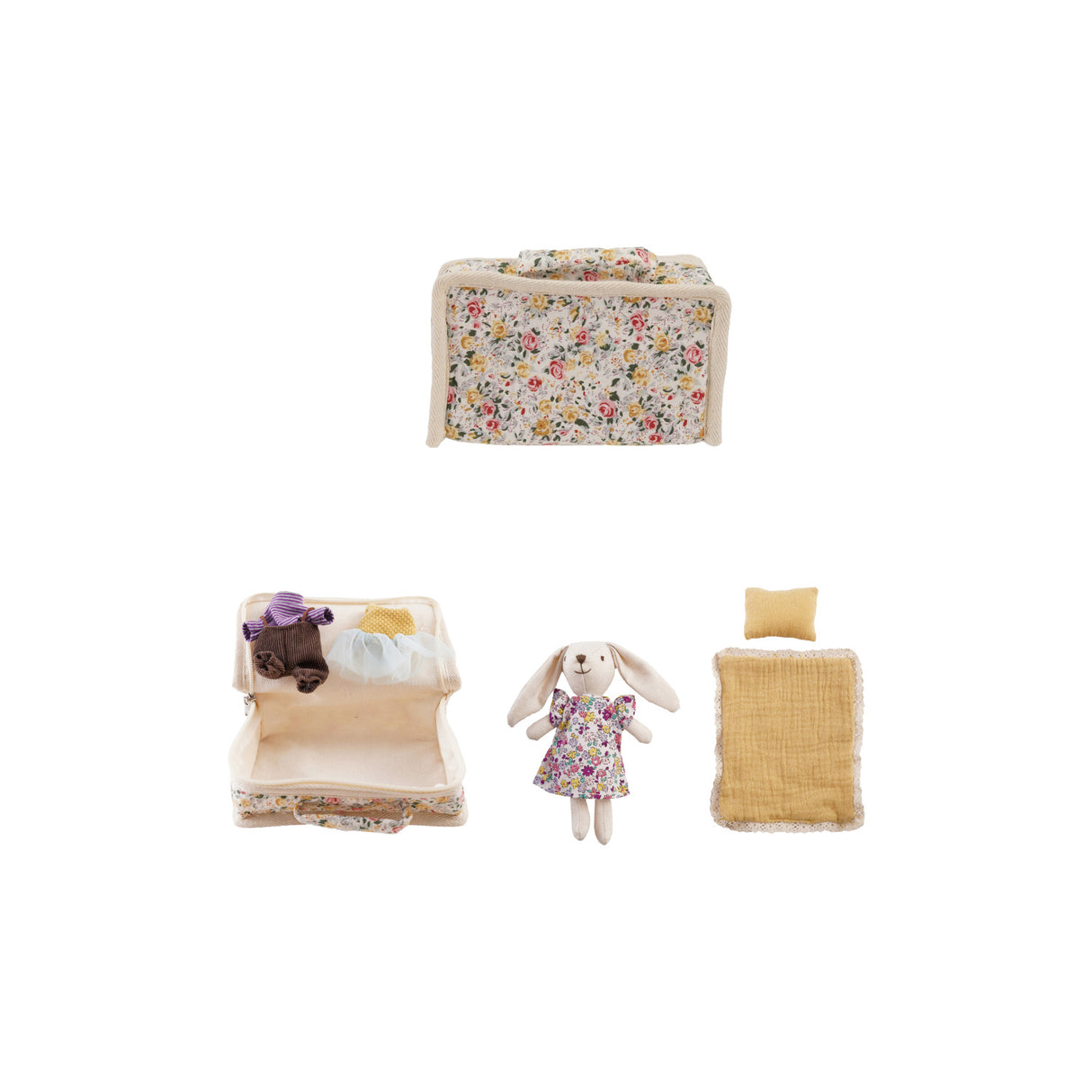 Fabric Zip Suitcase Bed w/ Plush Bunny & Outfits by Creative Co-Op