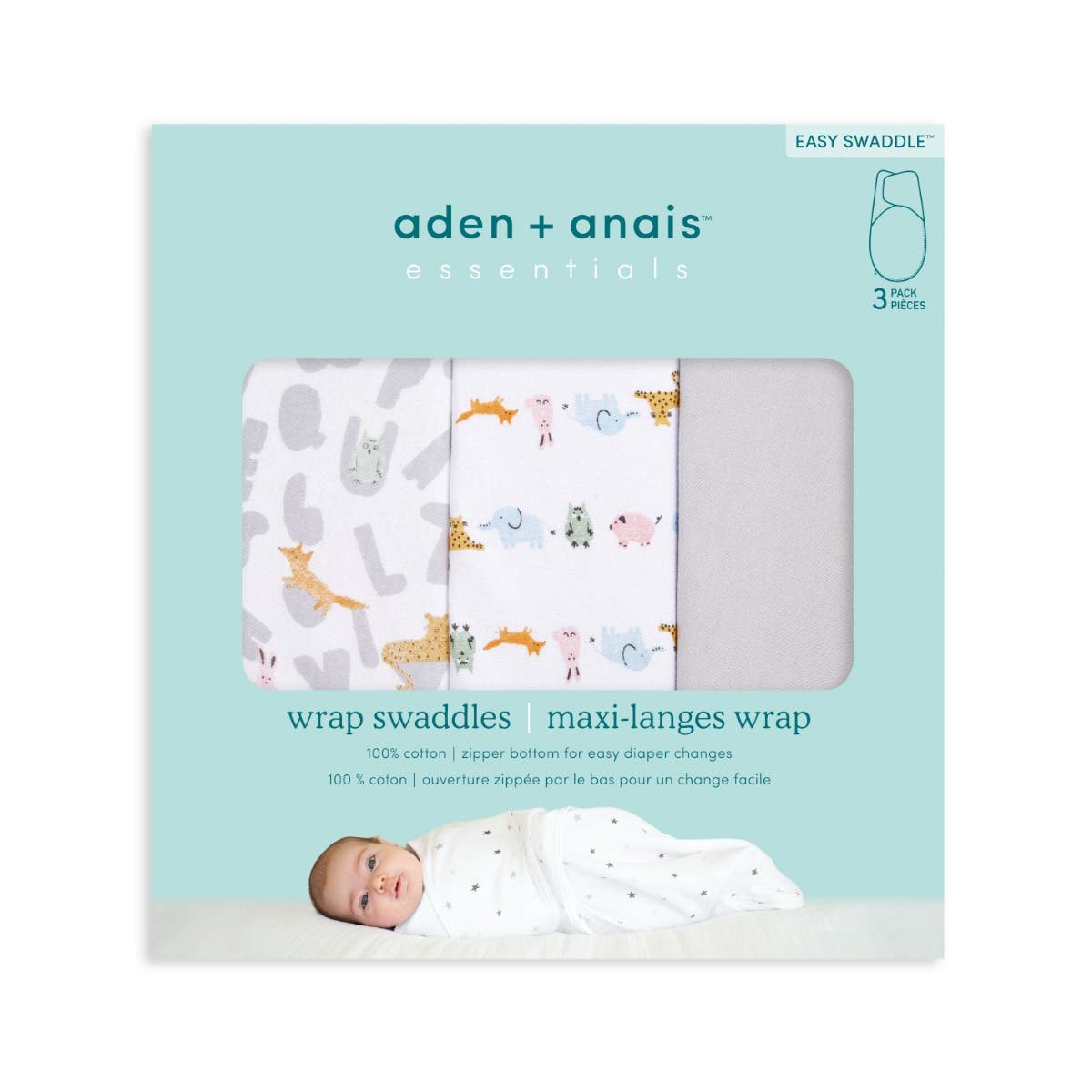 essentials wrap swaddles 3 pack alphabet animals by aden + anais