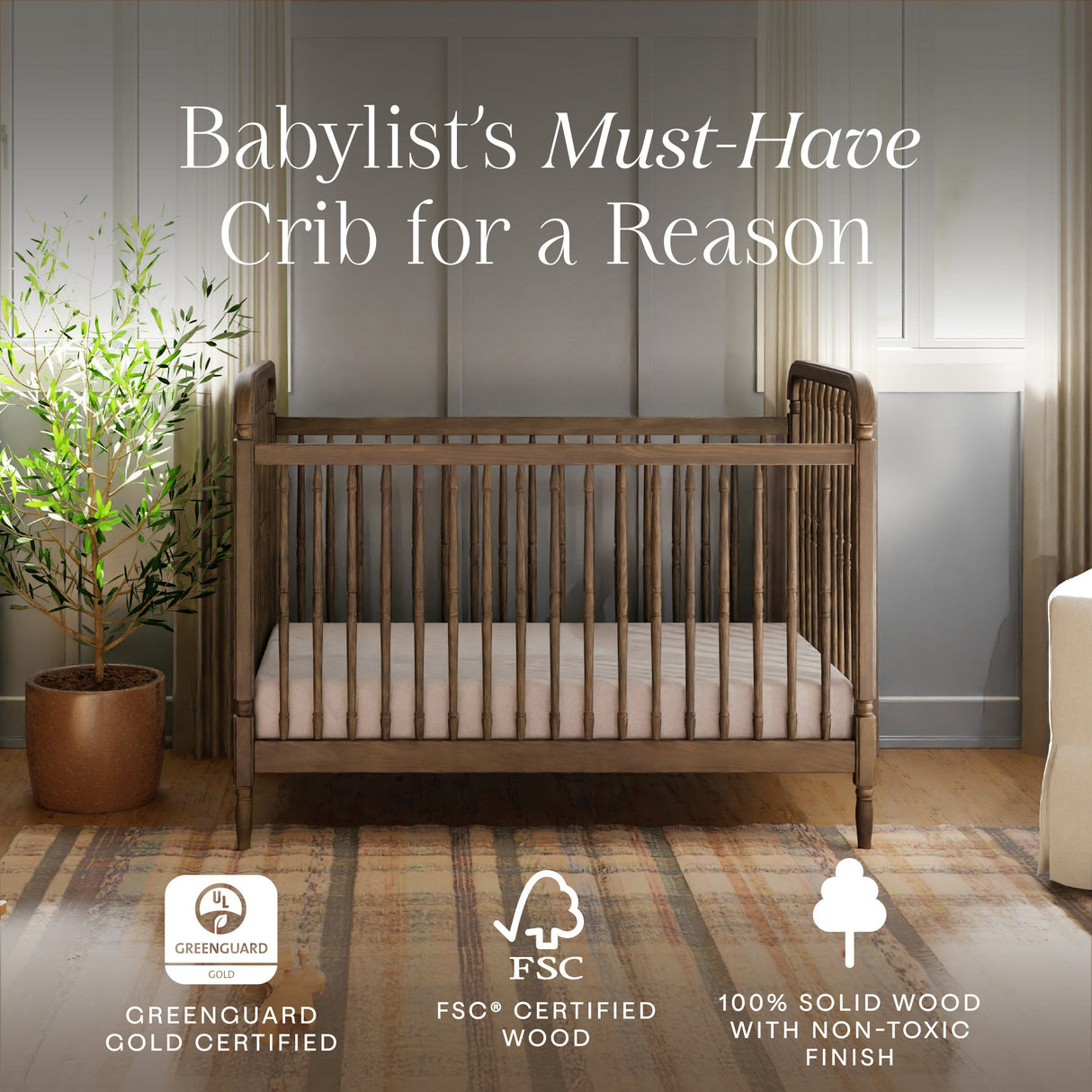 Namesake Liberty 3-in-1 Convertible Spindle Crib with Toddler Bed Conversion Kit