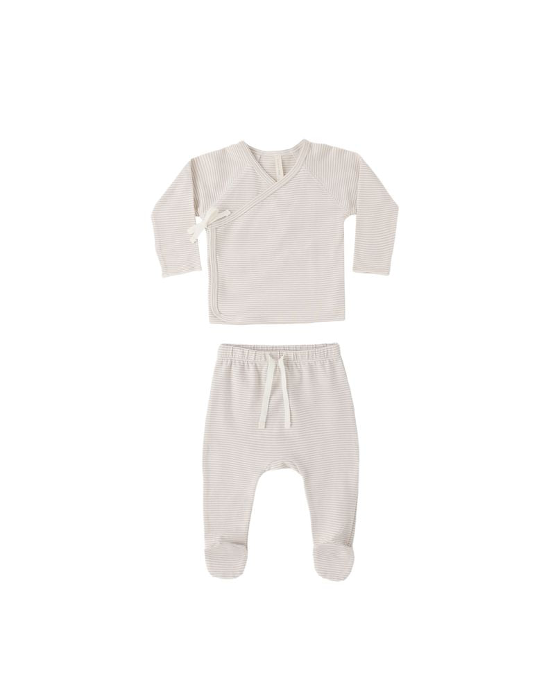 Wrap Top + Footed Pant Set || Oat Micro Stripe by Quincy Mae