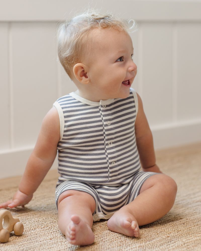 Ribbed Henley Romper || Ocean Stripe by Quincy Mae