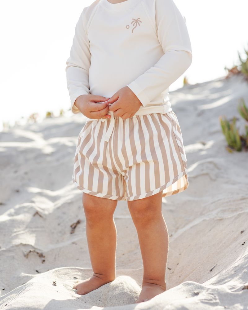Boys Swim Short || Retro Latte Stripe by Quincy Mae