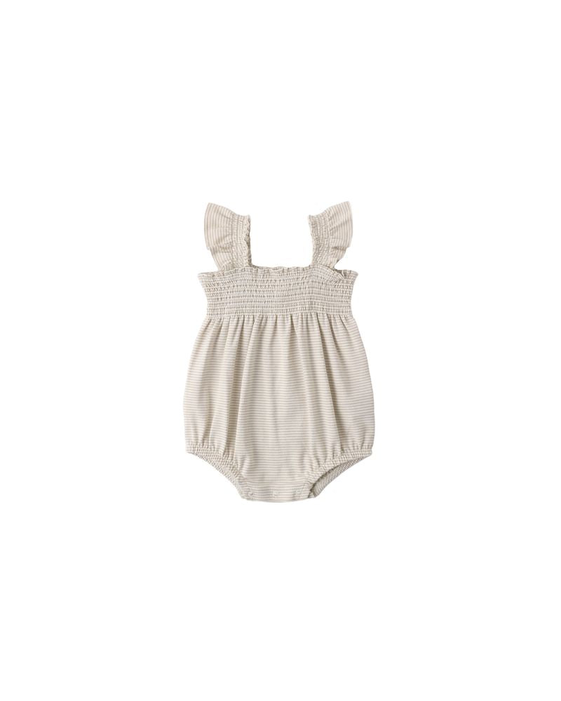 Smocked Ruffle Sleeve Romper || Oat Micro Stripe by Quincy Mae